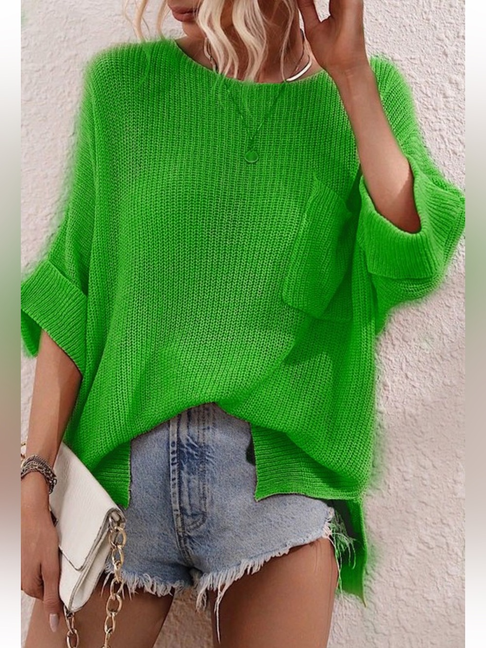 NWOT Relaxed Crewneck Pocket Sweater in Neon Green